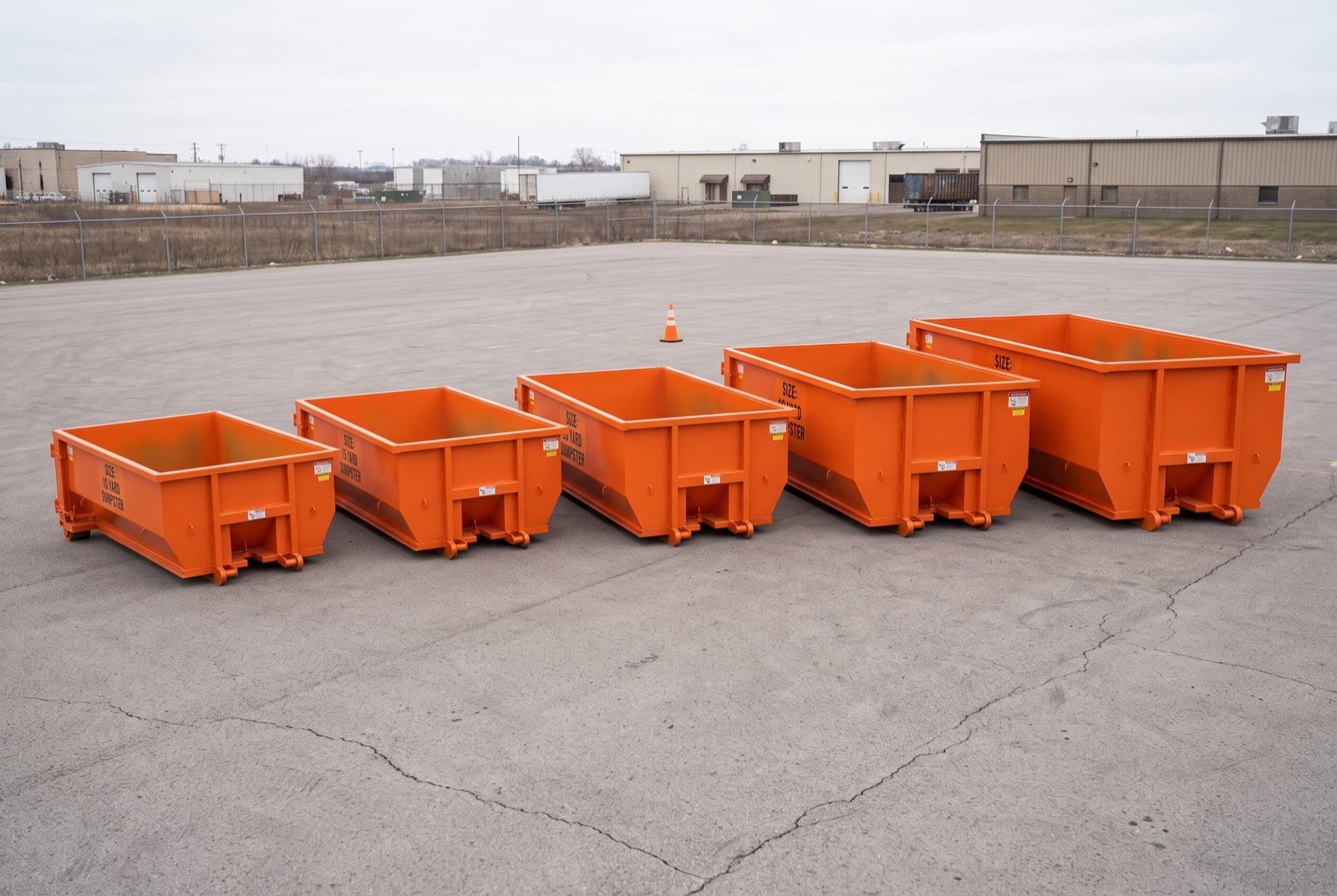 Lineup of five roll-off dumpsters from 10 to 40 yards, side by side for scale comparison