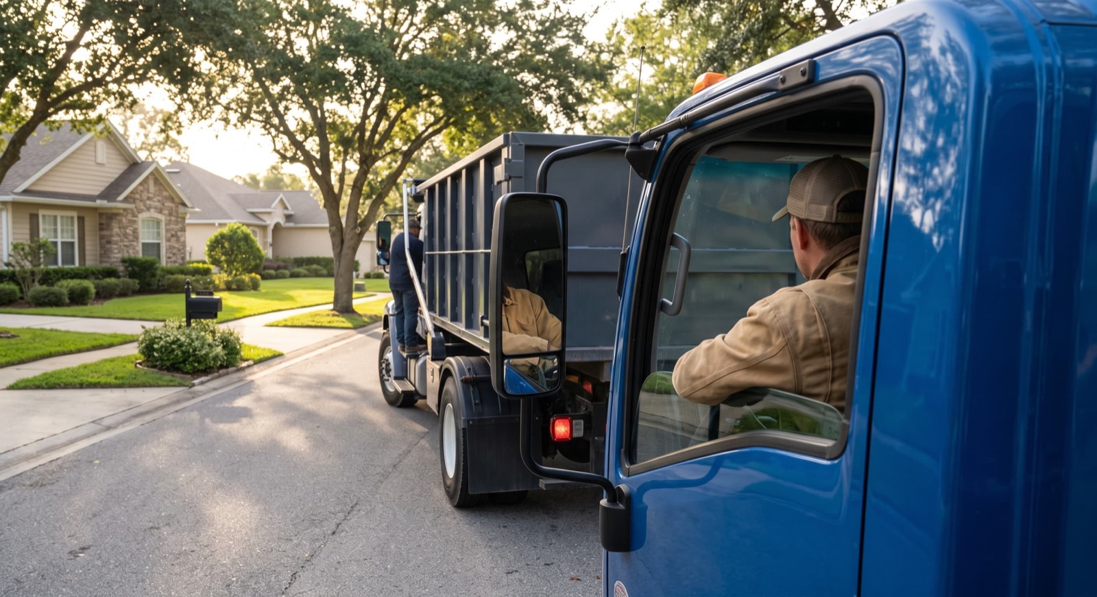 Roll-off delivery truck arriving at a residential curb