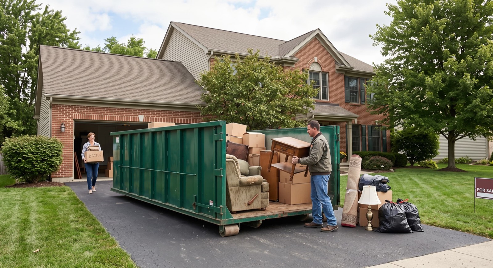 Family loading furniture and boxes into a dumpster during an estate cleanout