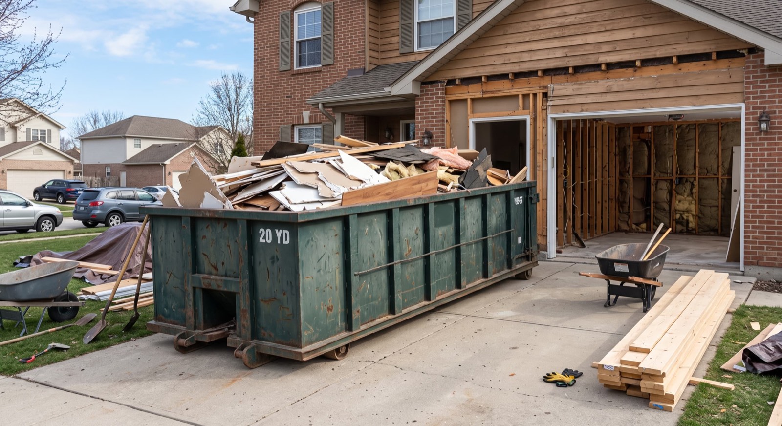 Dumpster outside a home mid-renovation, filled with drywall and flooring debris