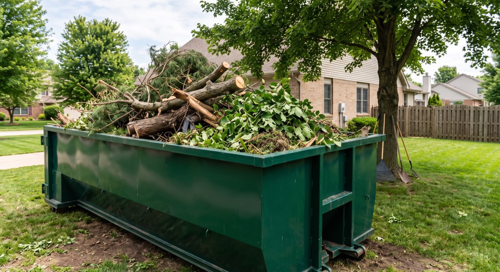 Dumpster filled with tree branches and yard waste in a backyard
