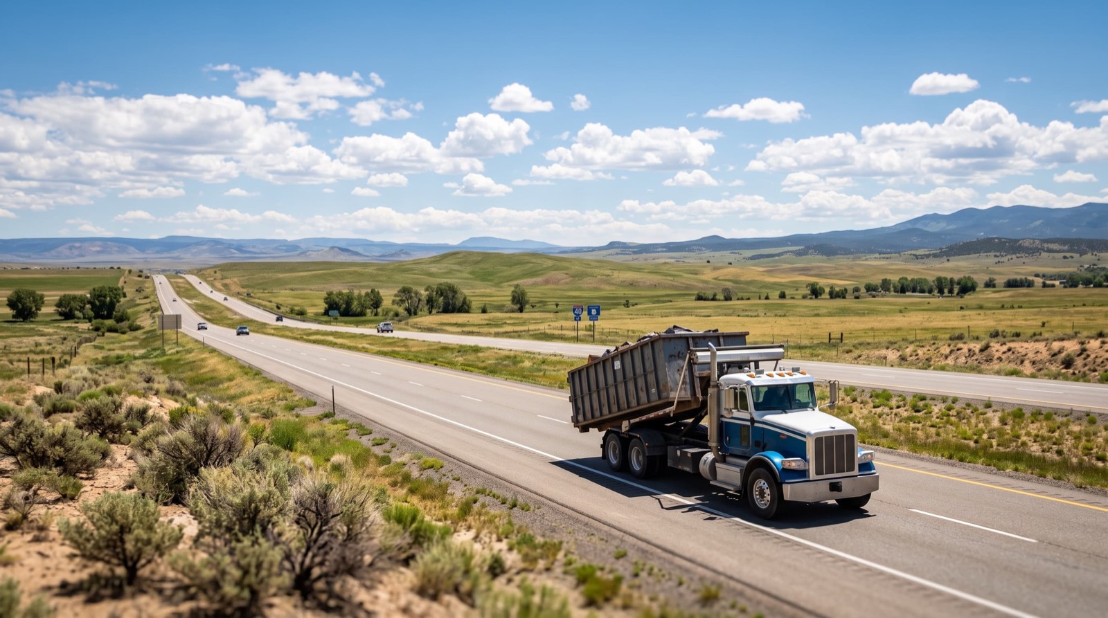 Roll-off delivery truck traveling a highway, representing nationwide coverage