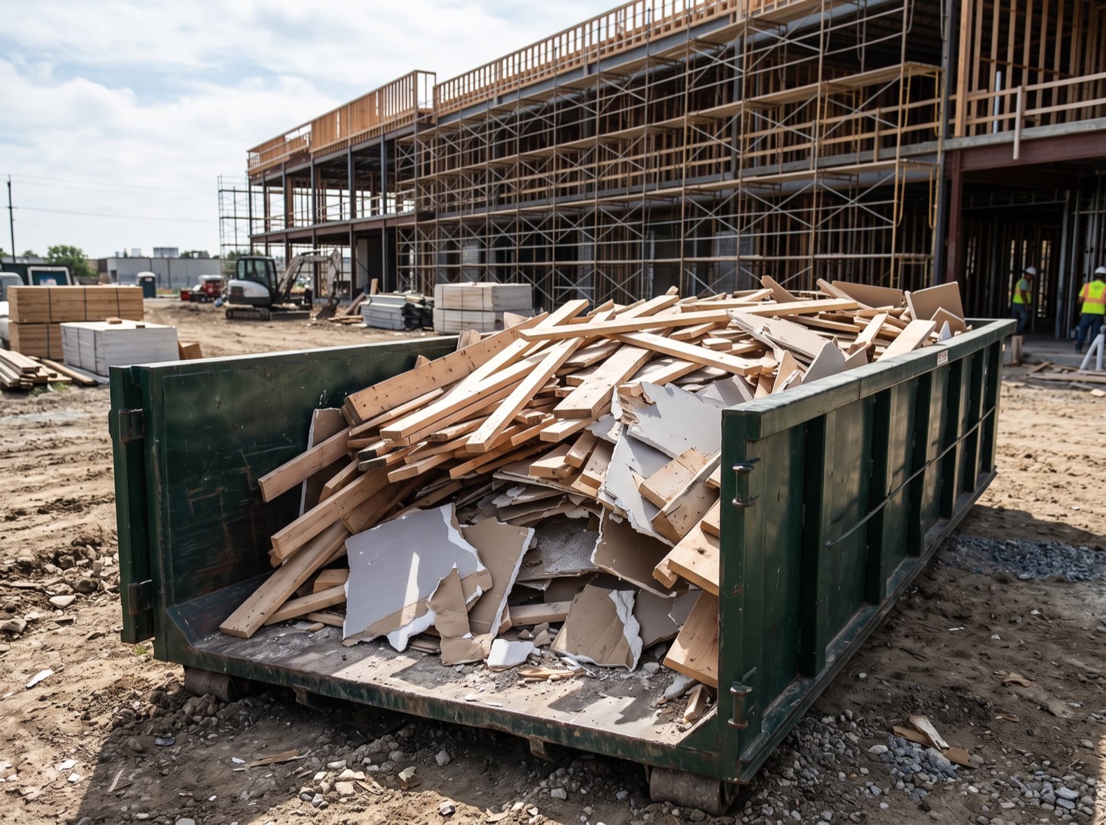 Roll-off dumpster filled with lumber and drywall debris at an active construction site