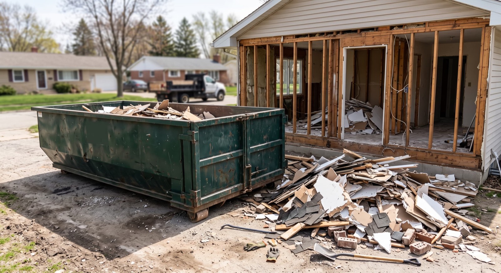 Dumpster staged beside a house mid-demolition with debris piled nearby