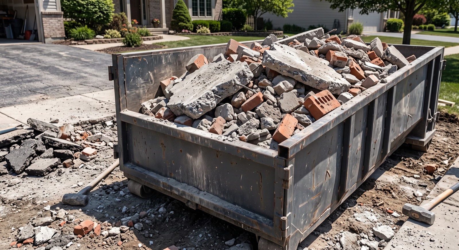 Dumpster filled with broken concrete and brick debris