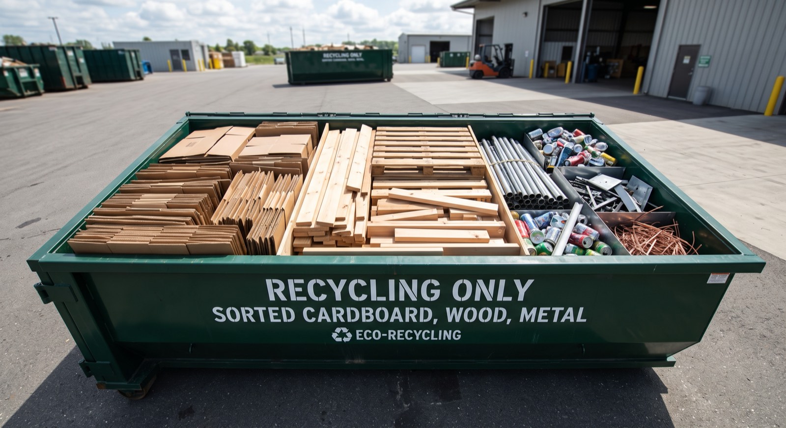 Recycling-only dumpster with sorted cardboard, wood, and metal