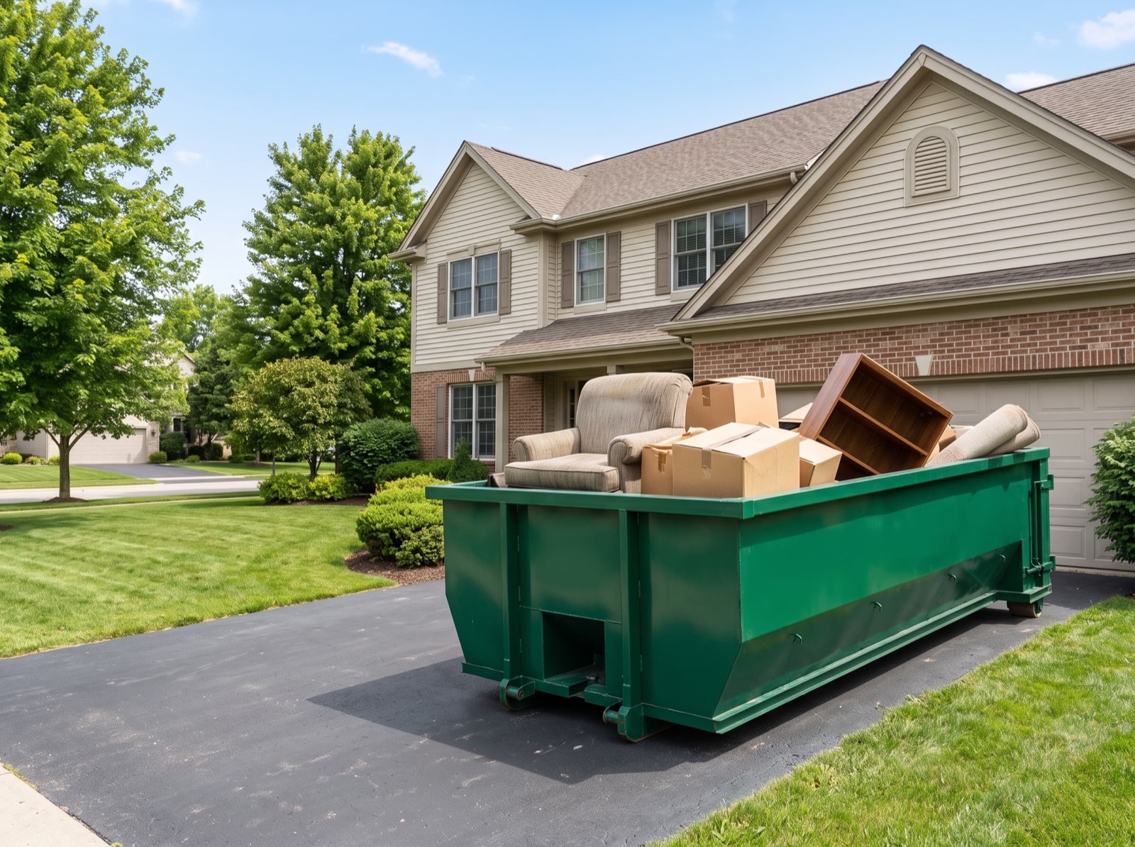 Roll-off dumpster loaded with furniture and boxes in a residential driveway